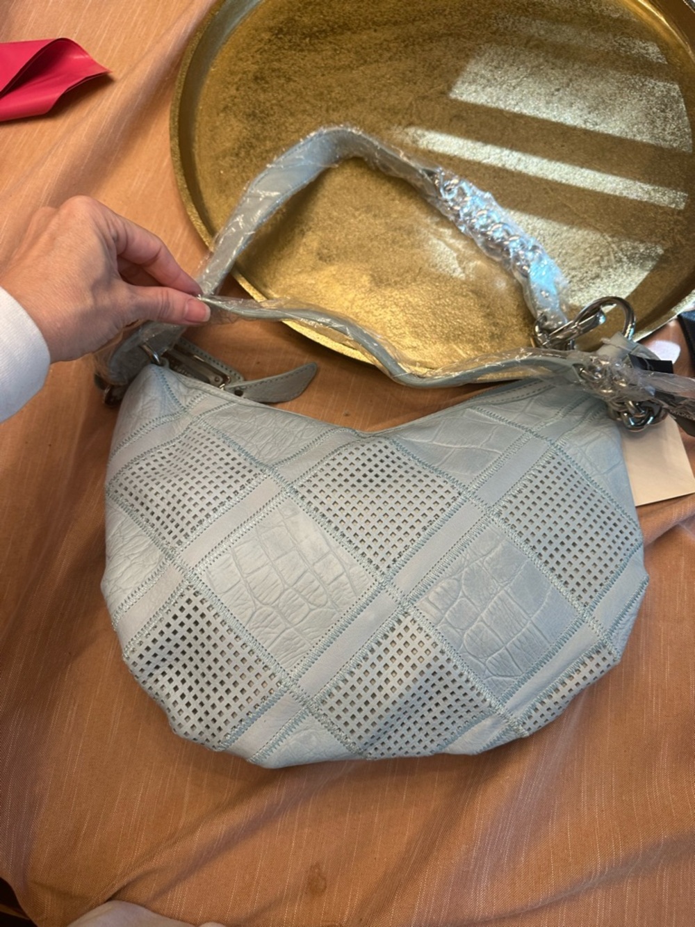 B Makowsky Vintage Perforated Light Gray Blue Women's Shoulder Bag Hobo NWT